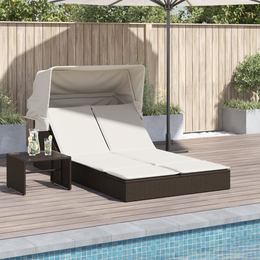 Bain de soleil double avec toit et coussins en polyrotin marron