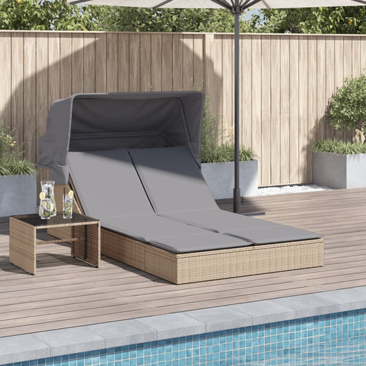 Bain de soleil double avec toit et coussins en polyrotin beige