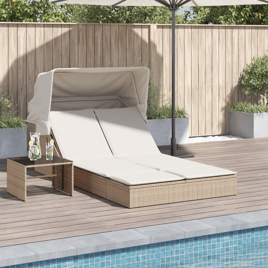 Bain de soleil double avec toit et coussins en polyrotin beige