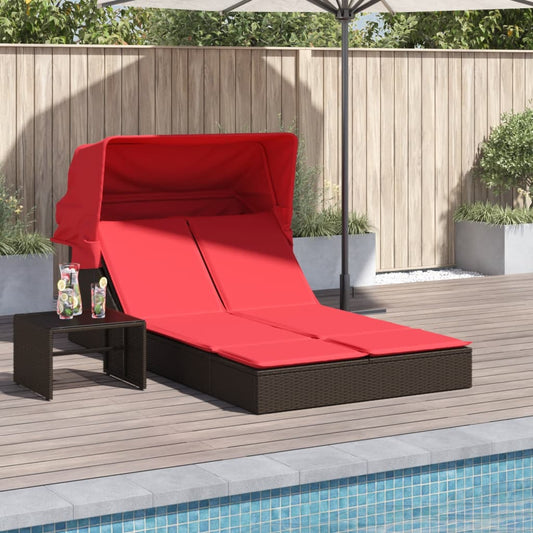 Doppelte Sonnenliege mit Baldachin und Kissen, braun, Polyrattan