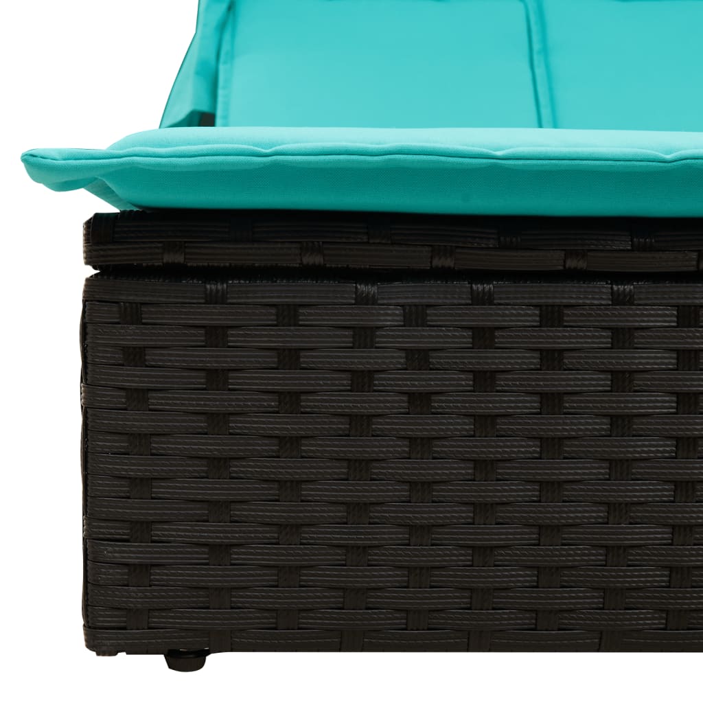 Doppelte Sonnenliege mit Baldachin und Kissen, schwarzes Polyrattan