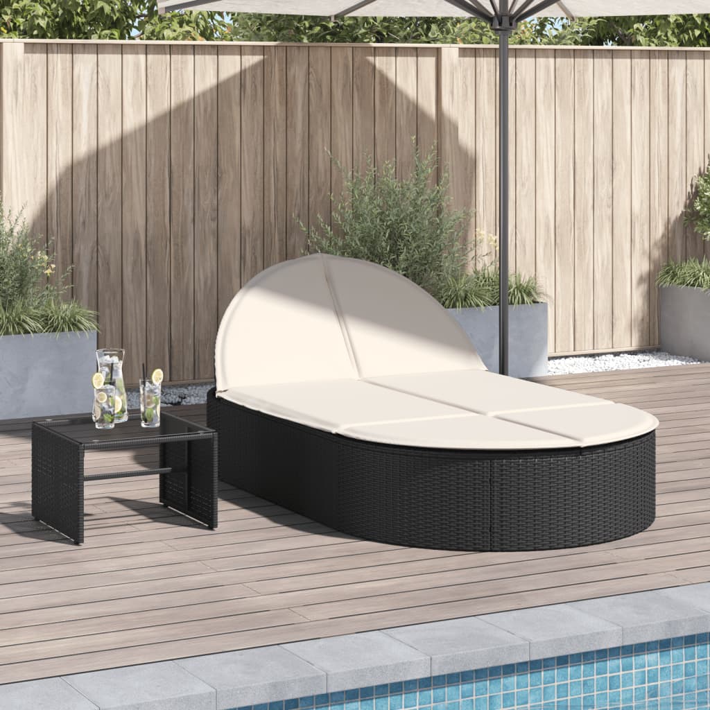 Bain de soleil double avec coussin en polyrotin noir