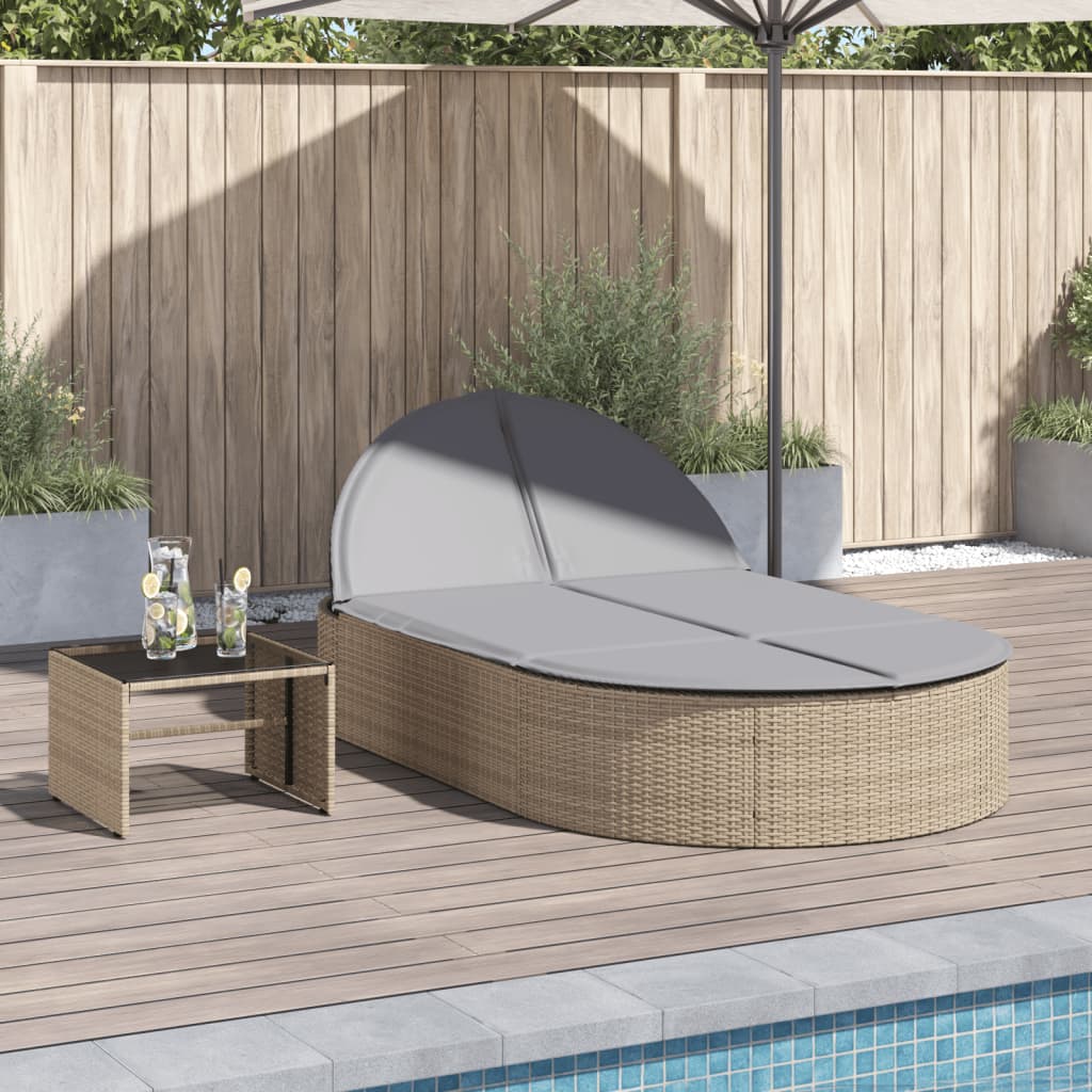 Bain de soleil double avec coussins en polyrotin beige