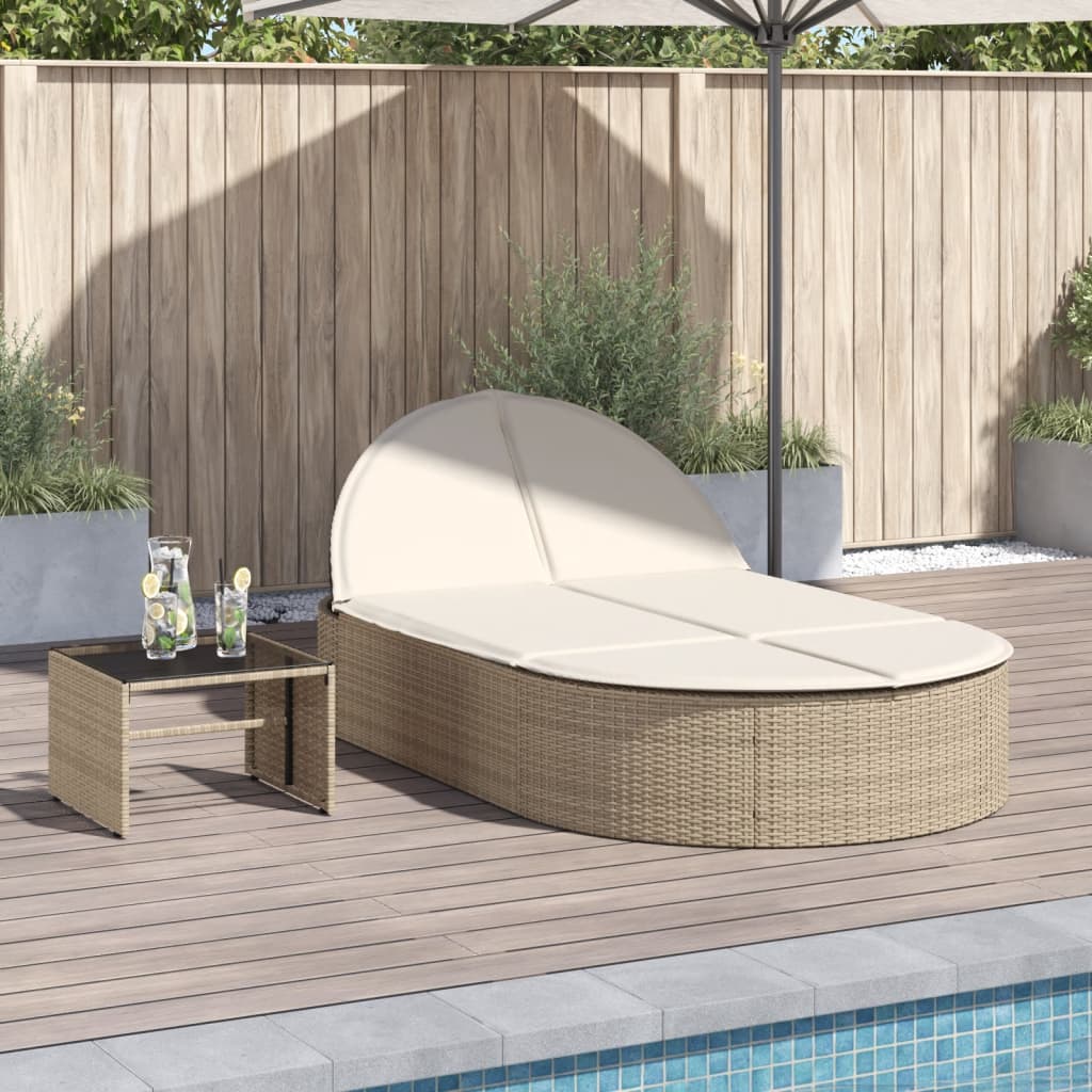 Bain de soleil double avec coussins en polyrotin beige