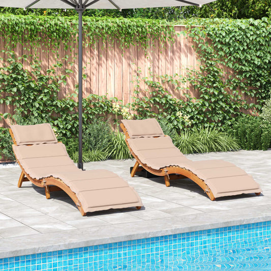 Chaises longues avec coussins, lot de 2, en bois d'acacia massif beige