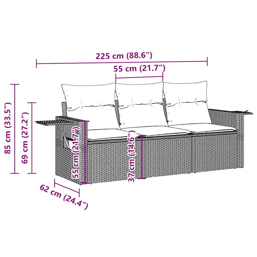 3-tlg. Garten-Sofagarnitur mit Kissen Hellgrau Poly Rattan