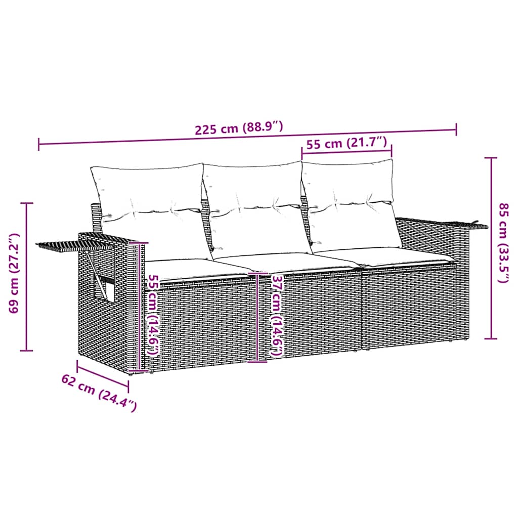 3-tlg. Garten-Sofagarnitur mit Kissen Braun Poly Rattan