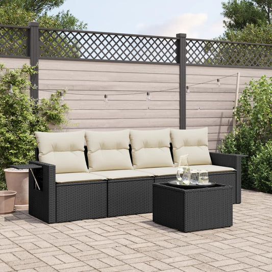 5-piece garden sofa set with cushions, black poly rattan