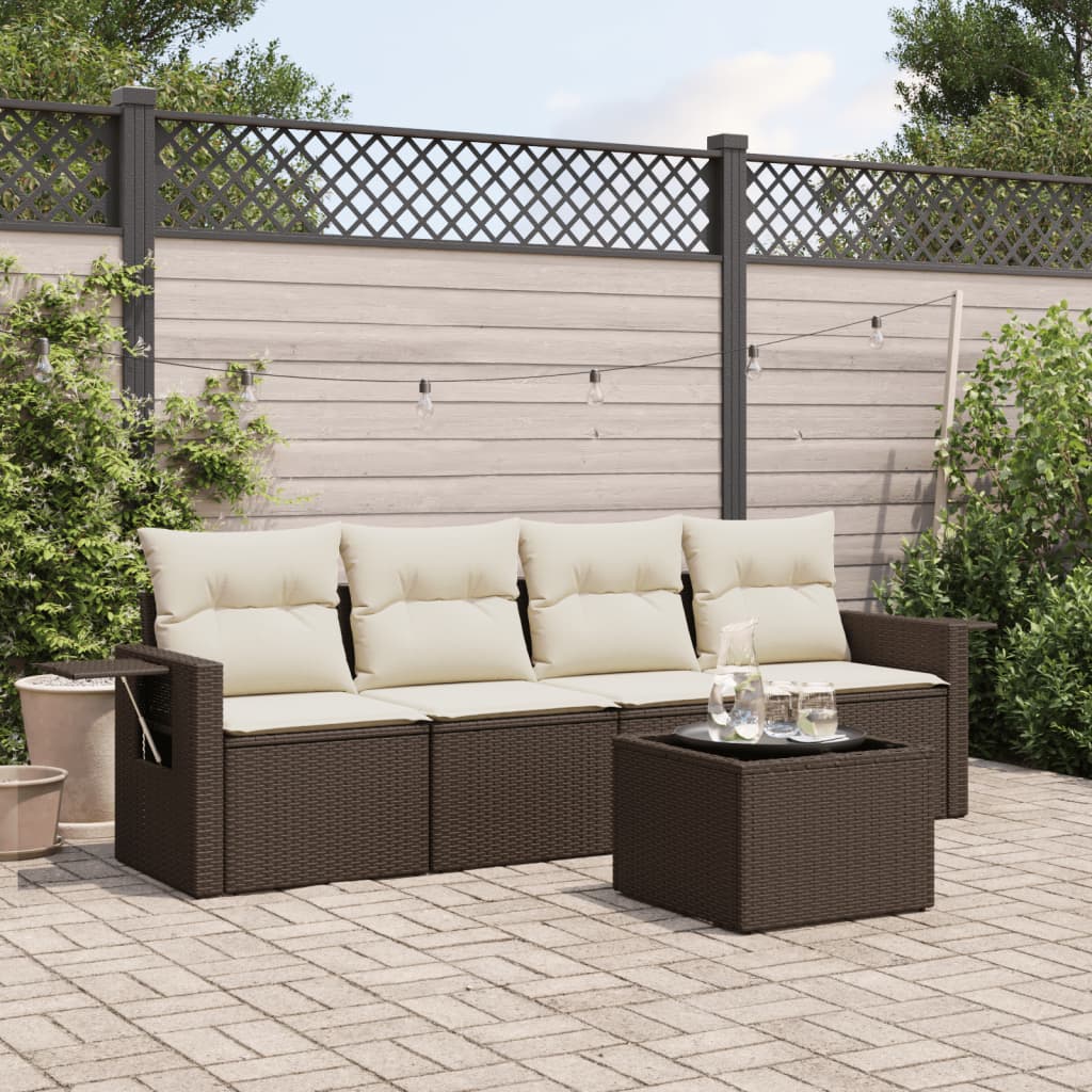 5-tlg. Garten-Sofagarnitur mit Kissen Braun Poly Rattan