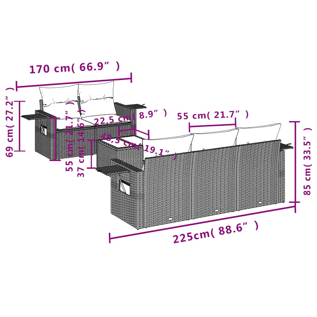 6-teiliges Gartensofa-Set mit Kissen, braun, Polyrattan