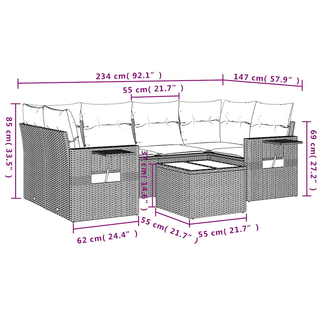 7-teiliges Gartensofa-Set mit Kissen, schwarzes Polyrattan