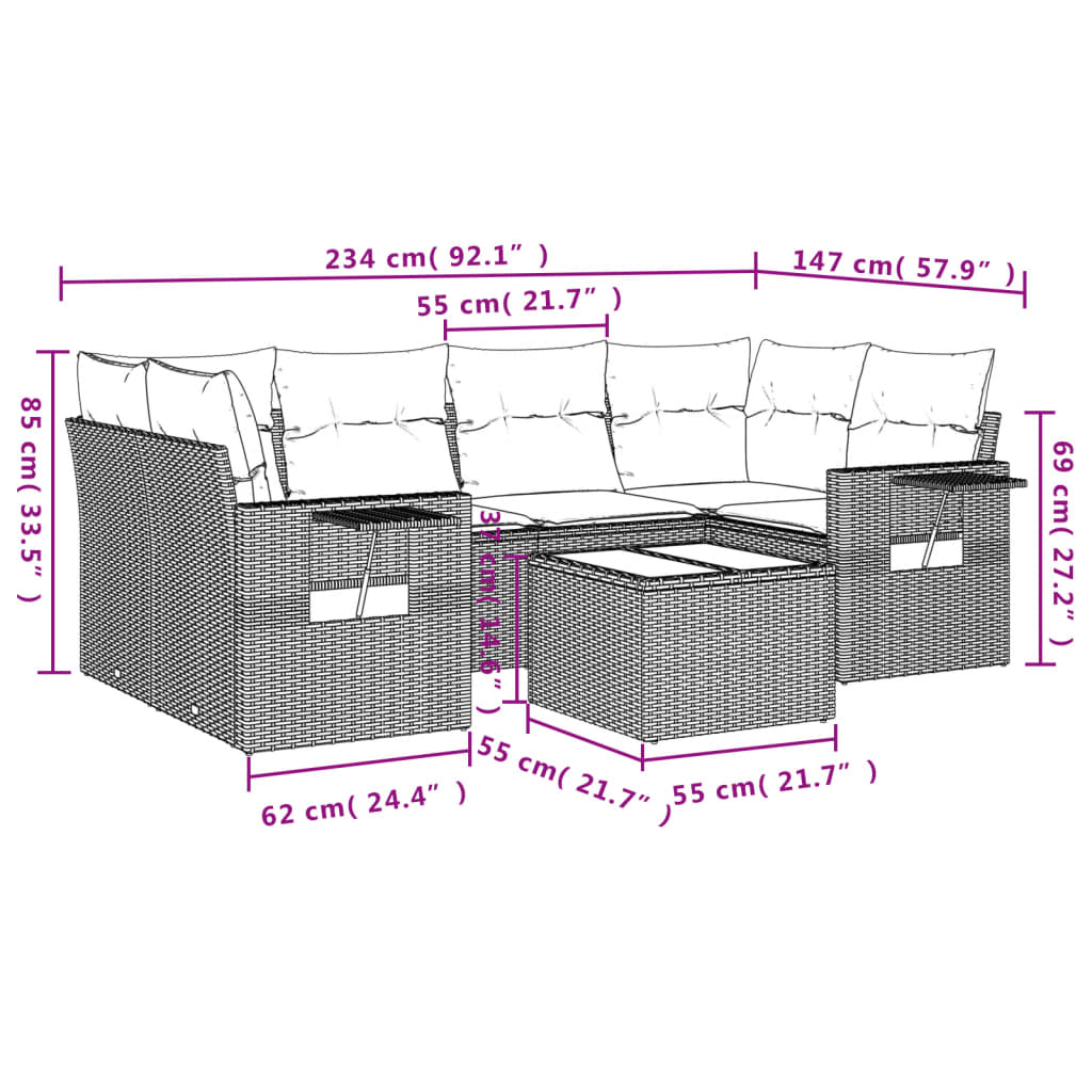 7-tlg. Garten-Sofagarnitur mit Kissen Braun Poly Rattan