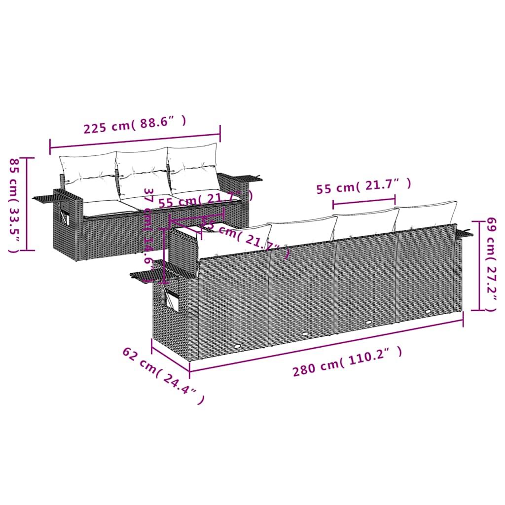 8-teiliges Gartensofa-Set mit Kissen, grau, Polyrattan