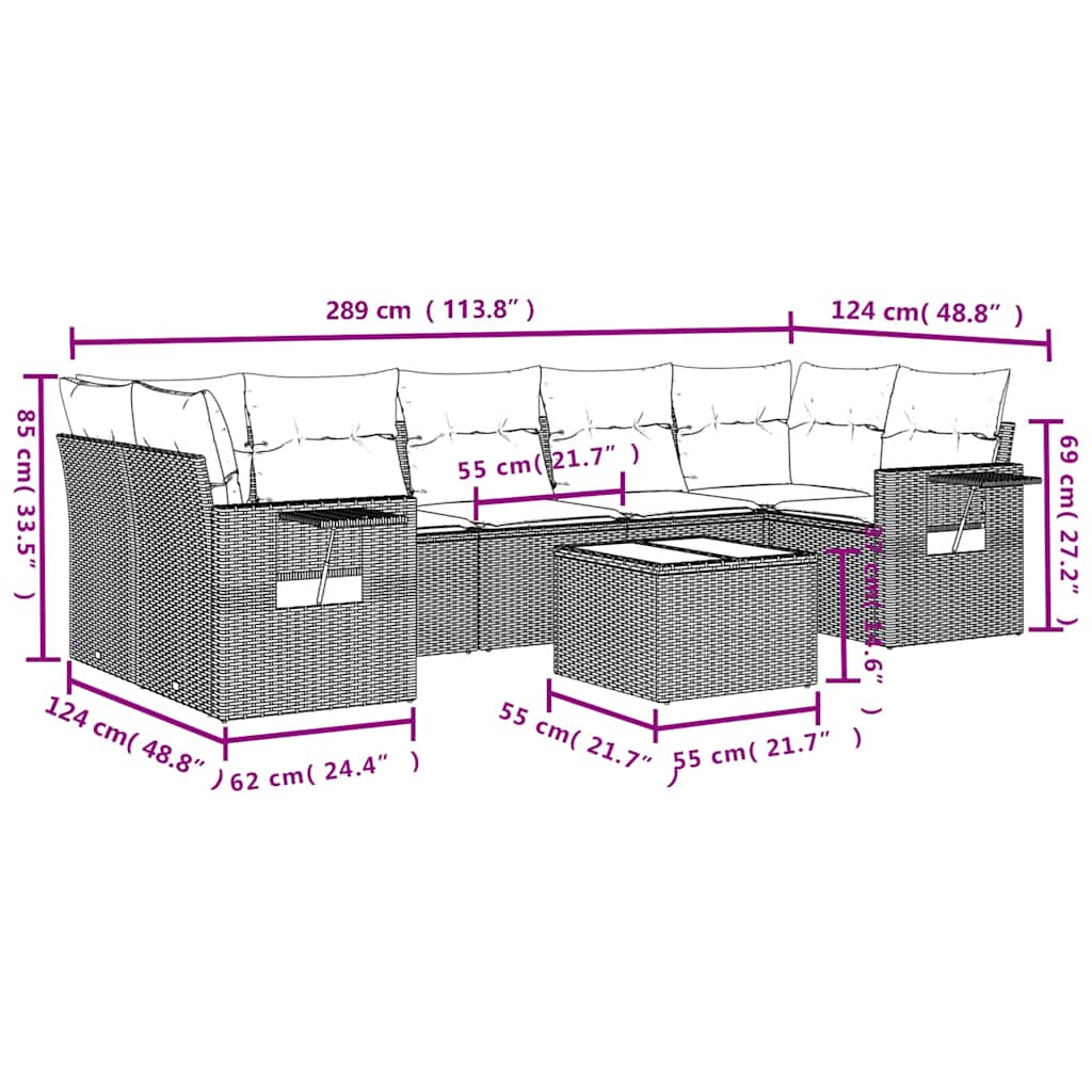 8-teiliges Gartensofa-Set mit Kissen, schwarzes Polyrattan