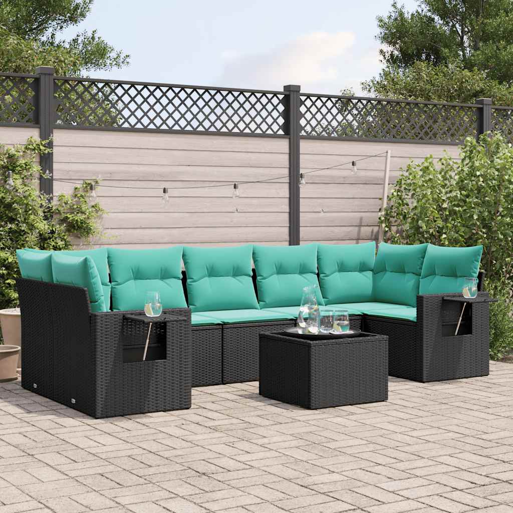 8-teiliges Gartensofa-Set mit Kissen, schwarzes Polyrattan