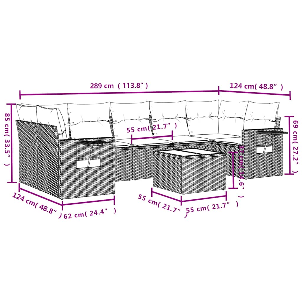 8-teiliges Gartensofa-Set mit Kissen, grau, Polyrattan