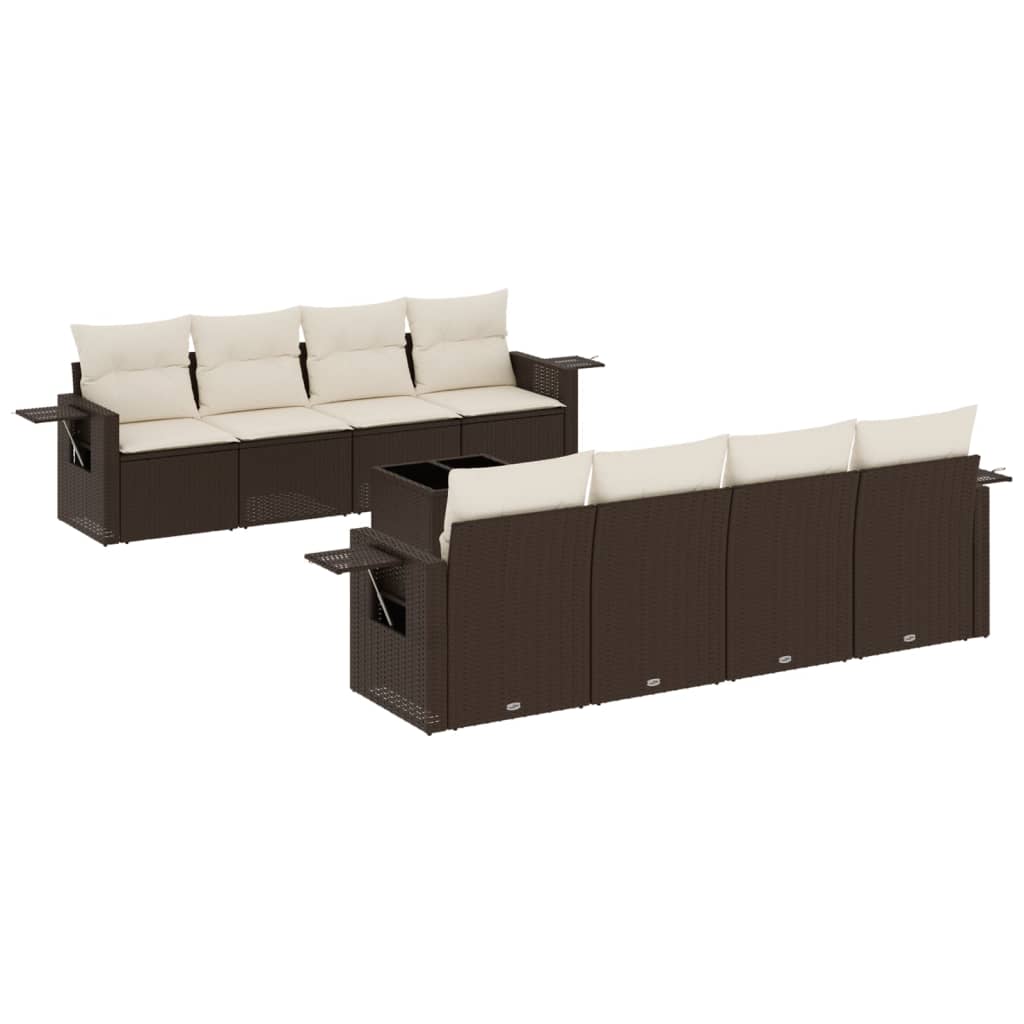 9-tlg. Garten-Sofagarnitur mit Kissen Braun Poly Rattan