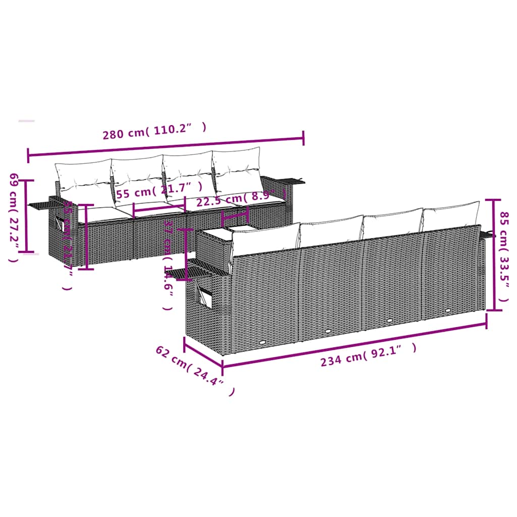 9-teiliges Gartensofa-Set mit Kissen, braun, Polyrattan