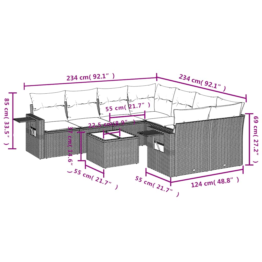 9-teiliges Gartensofa-Set mit Kissen, braun, Polyrattan