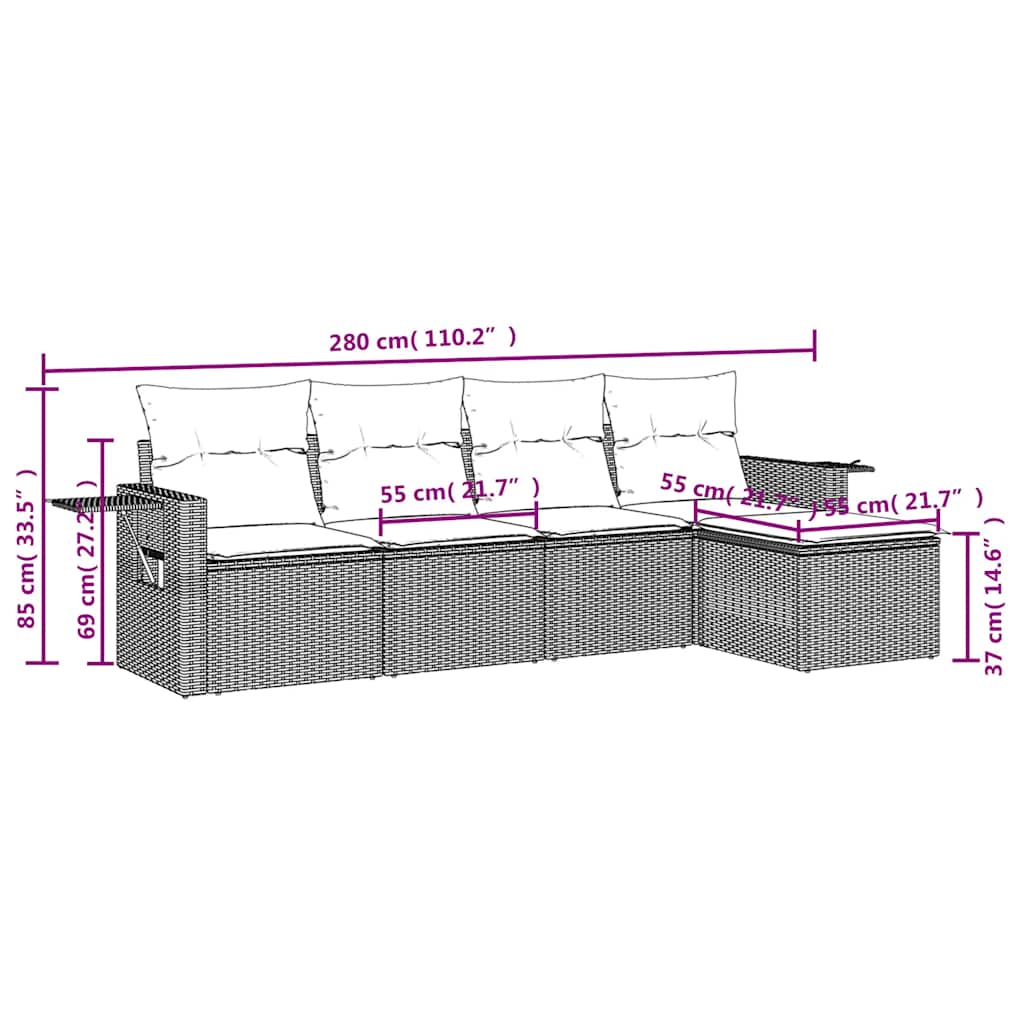 5-tlg. Garten-Sofagarnitur mit Kissen Hellgrau Poly Rattan