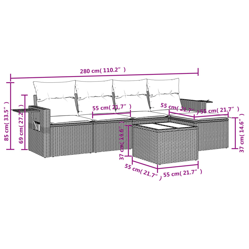 6-teiliges Gartensofa-Set mit Kissen, grau, Polyrattan