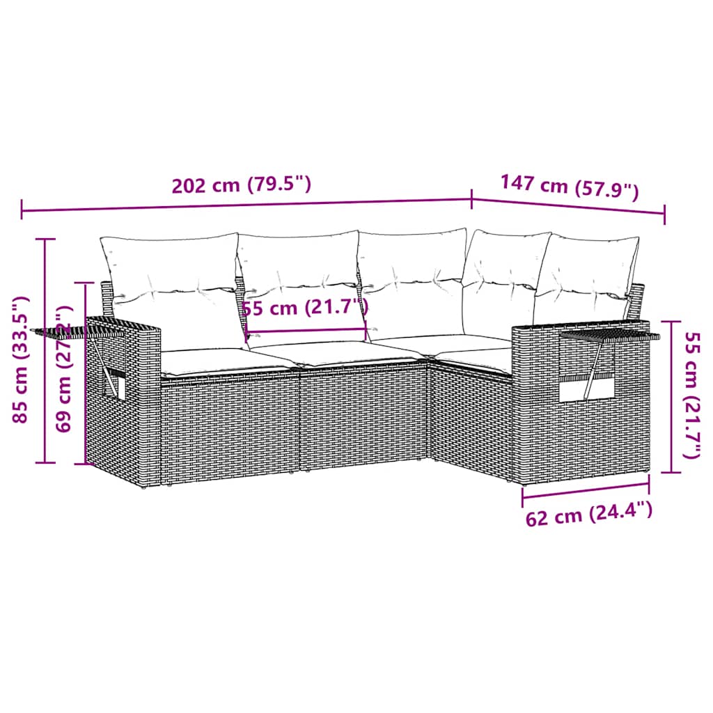 4-tlg. Garten-Sofagarnitur mit Kissen Hellgrau Poly Rattan