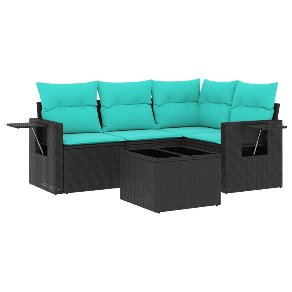 5-teiliges Gartensofa-Set mit Kissen, schwarzes Polyrattan