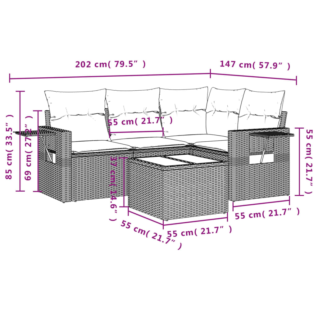 5-tlg. Garten-Sofagarnitur mit Kissen Braun Poly Rattan