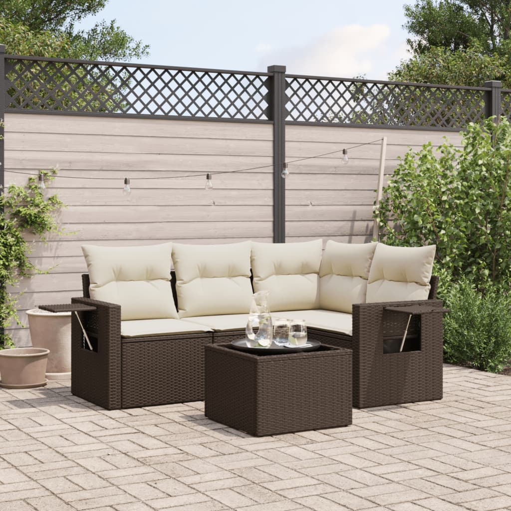 5-tlg. Garten-Sofagarnitur mit Kissen Braun Poly Rattan