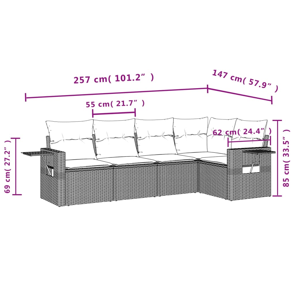 5-teiliges Gartensofa-Set mit Kissen, schwarzes Polyrattan