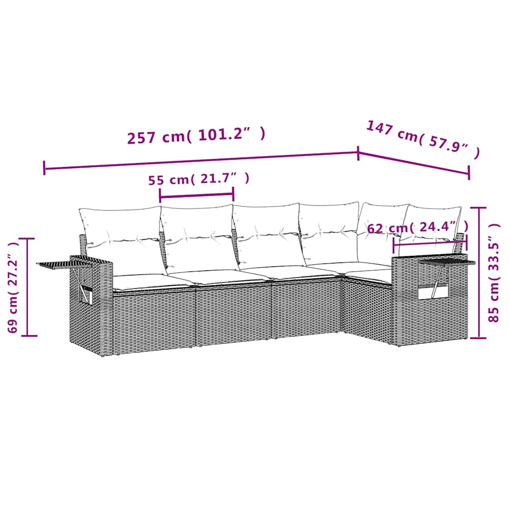 5-tlg. Garten-Sofagarnitur mit Kissen Braun Poly Rattan