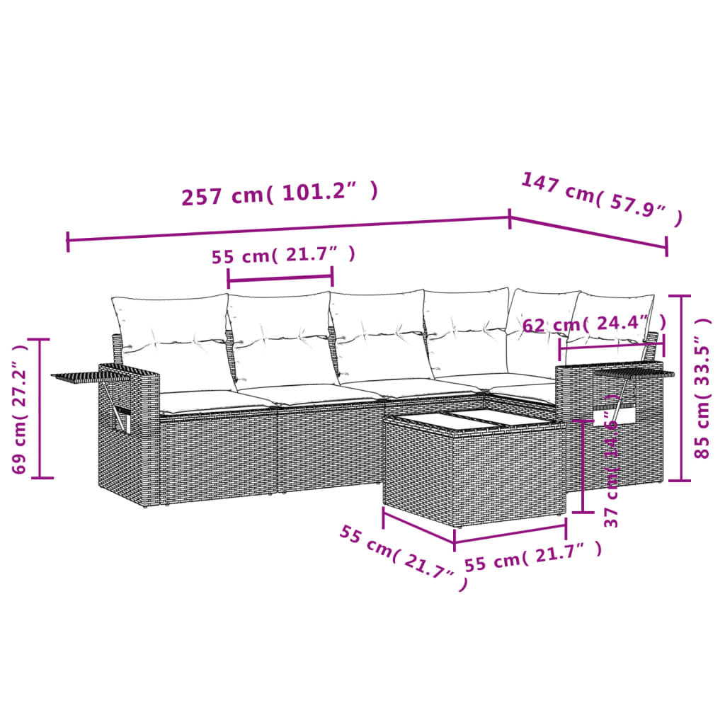 6-teiliges Gartensofa-Set mit Kissen, schwarzes Polyrattan