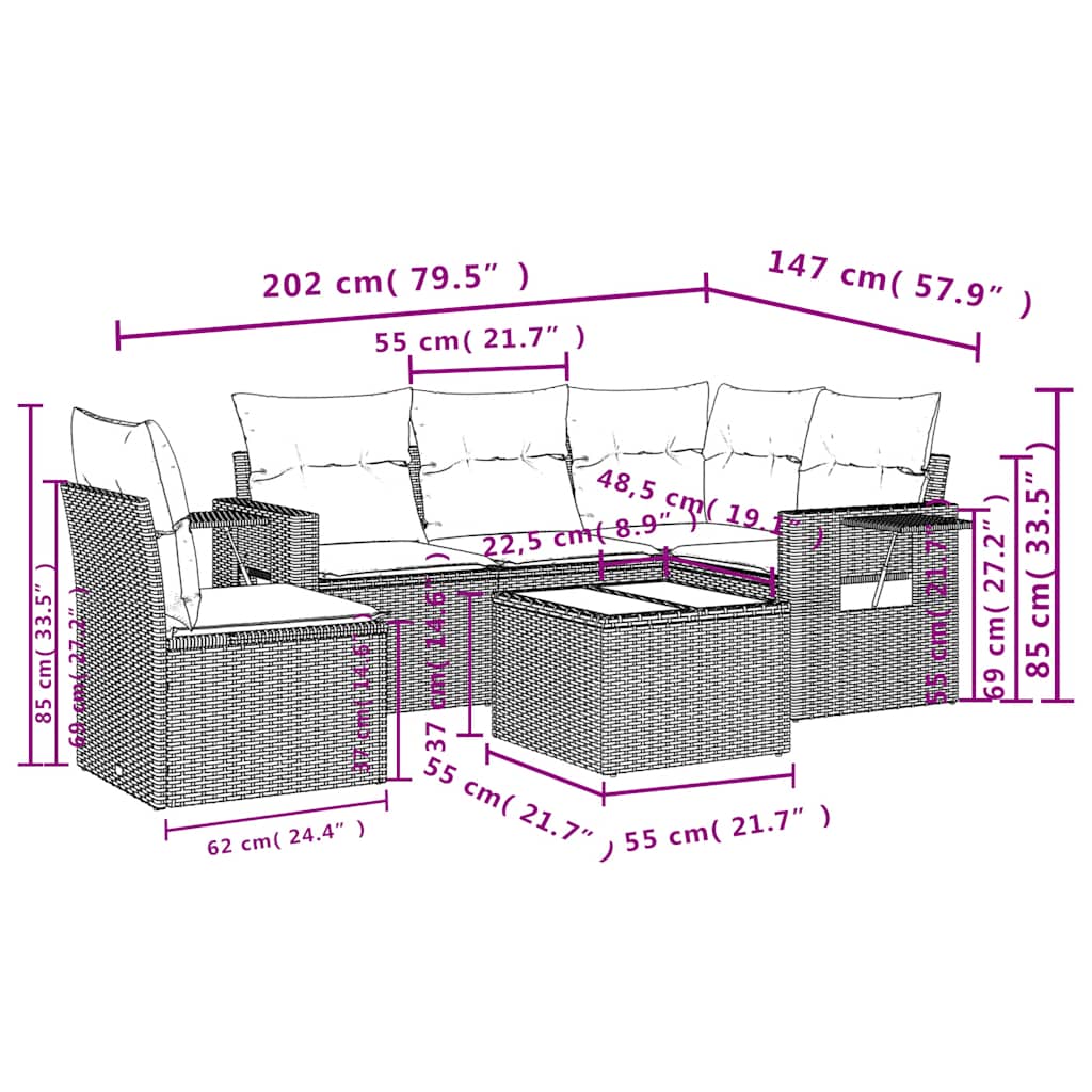 6-tlg. Garten-Sofagarnitur mit Kissen Hellgrau Poly Rattan