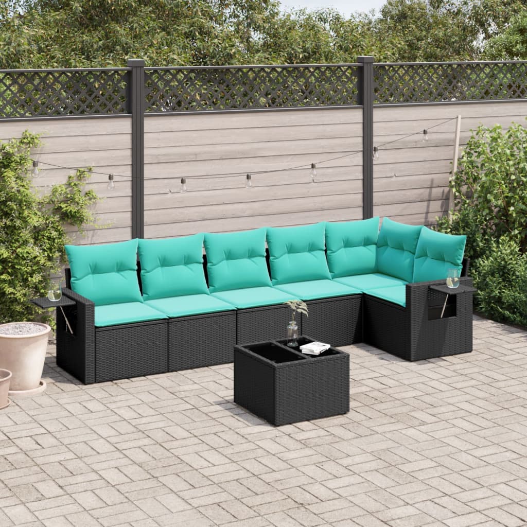 7-teiliges Gartensofa-Set mit Kissen, schwarzes Polyrattan