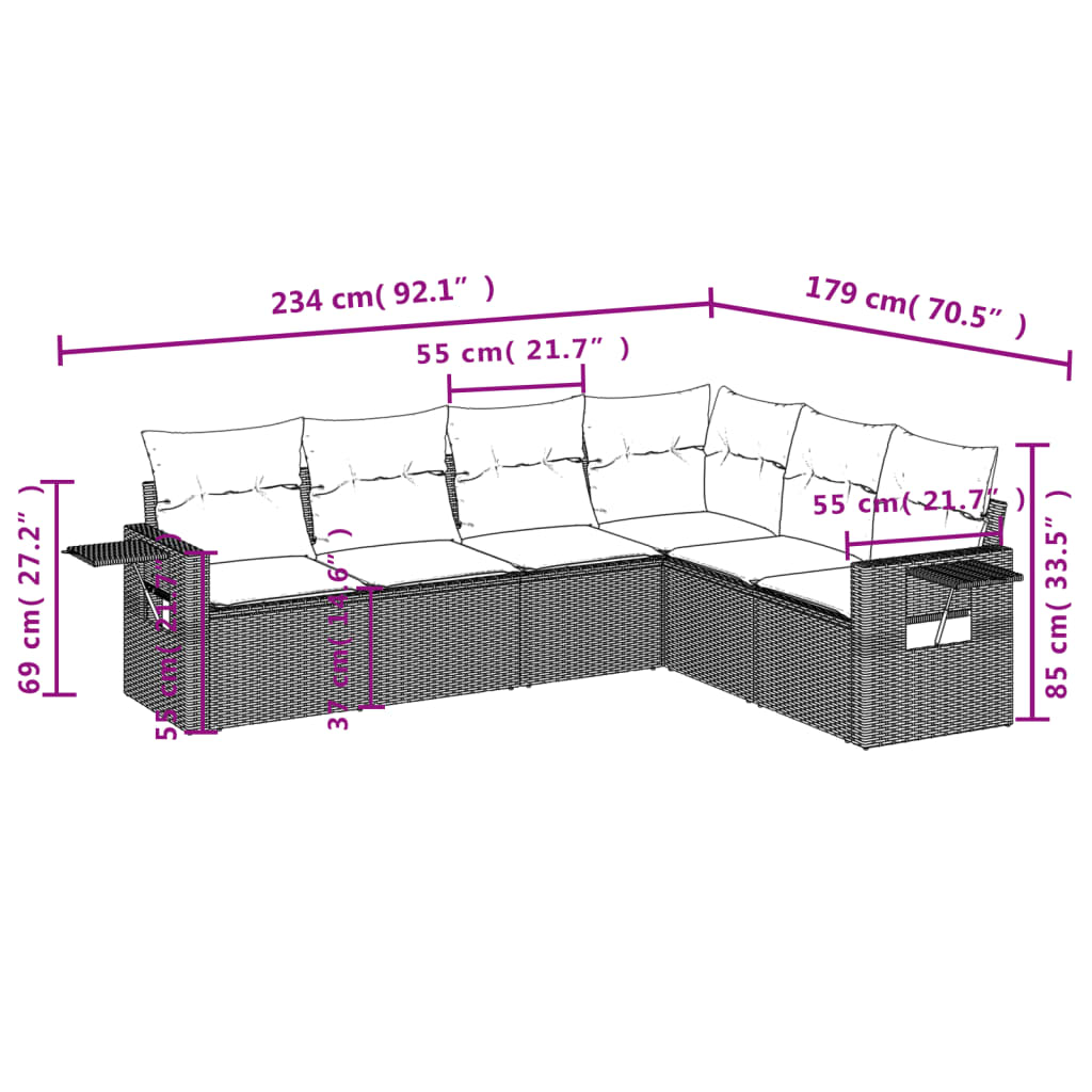 6-teiliges Gartensofa-Set mit Kissen, schwarzes Polyrattan