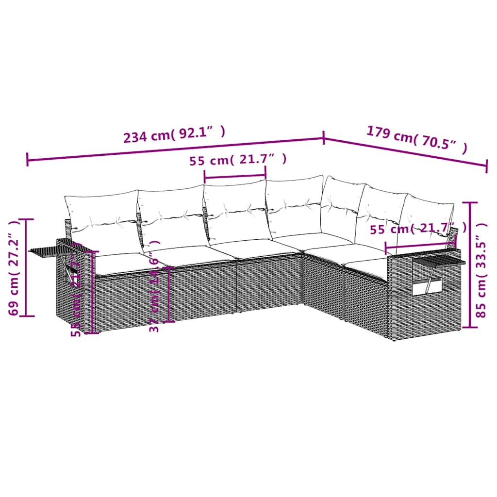 6-teiliges Gartensofa-Set mit Kissen, grau, Polyrattan