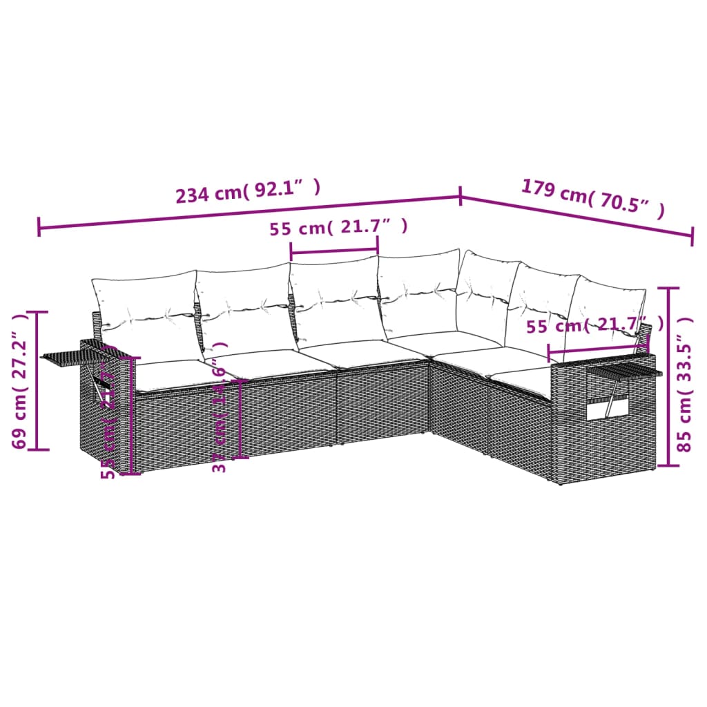 7-teiliges Gartensofa-Set mit Kissen, schwarzes Polyrattan