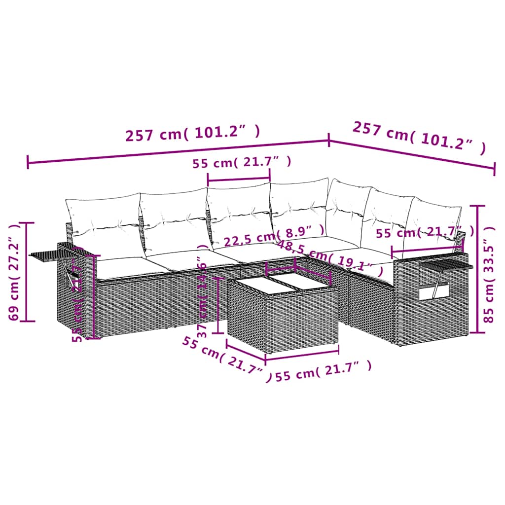 7-tlg. Garten-Sofagarnitur mit Kissen Hellgrau Poly Rattan