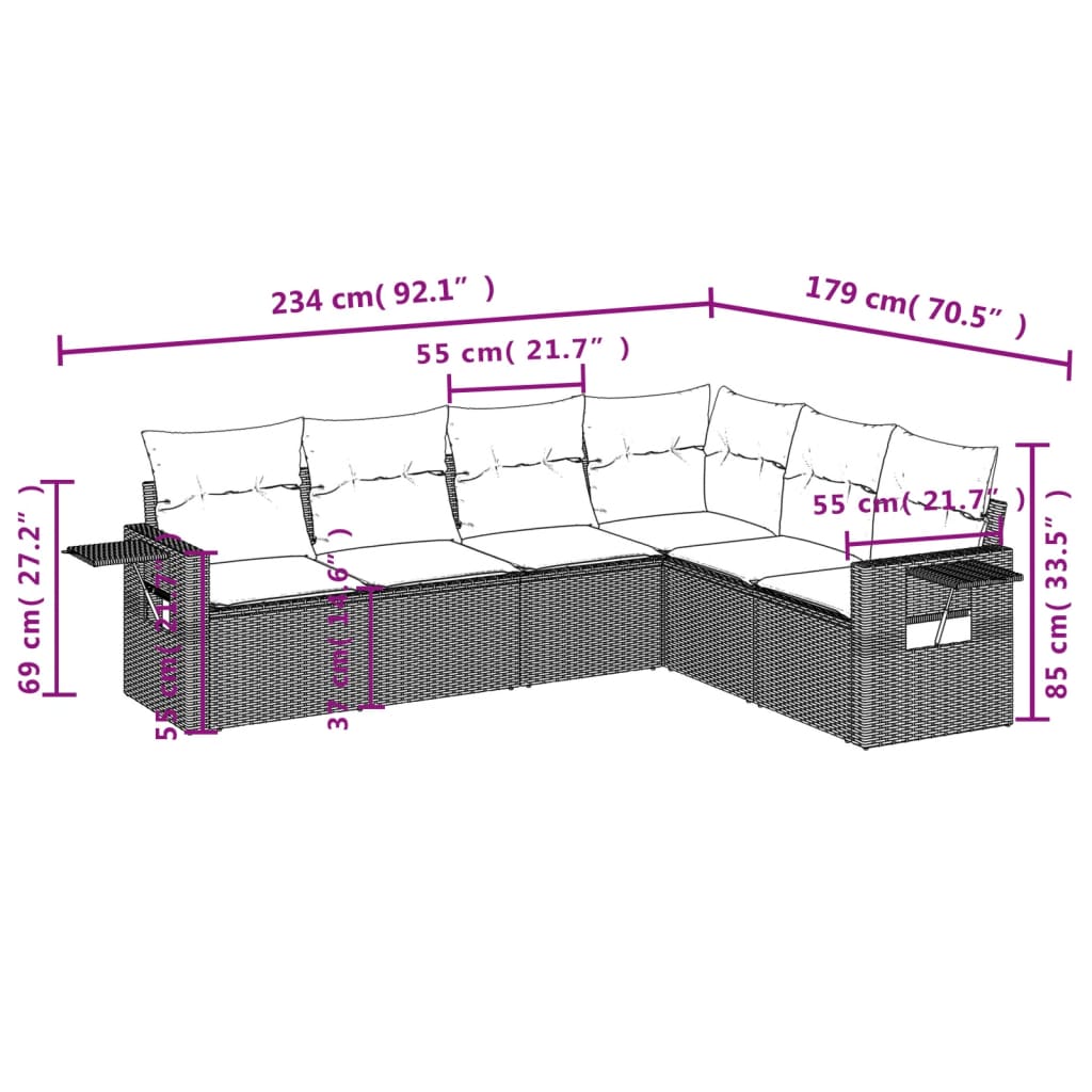 7-tlg. Garten-Sofagarnitur mit Kissen Braun Poly Rattan
