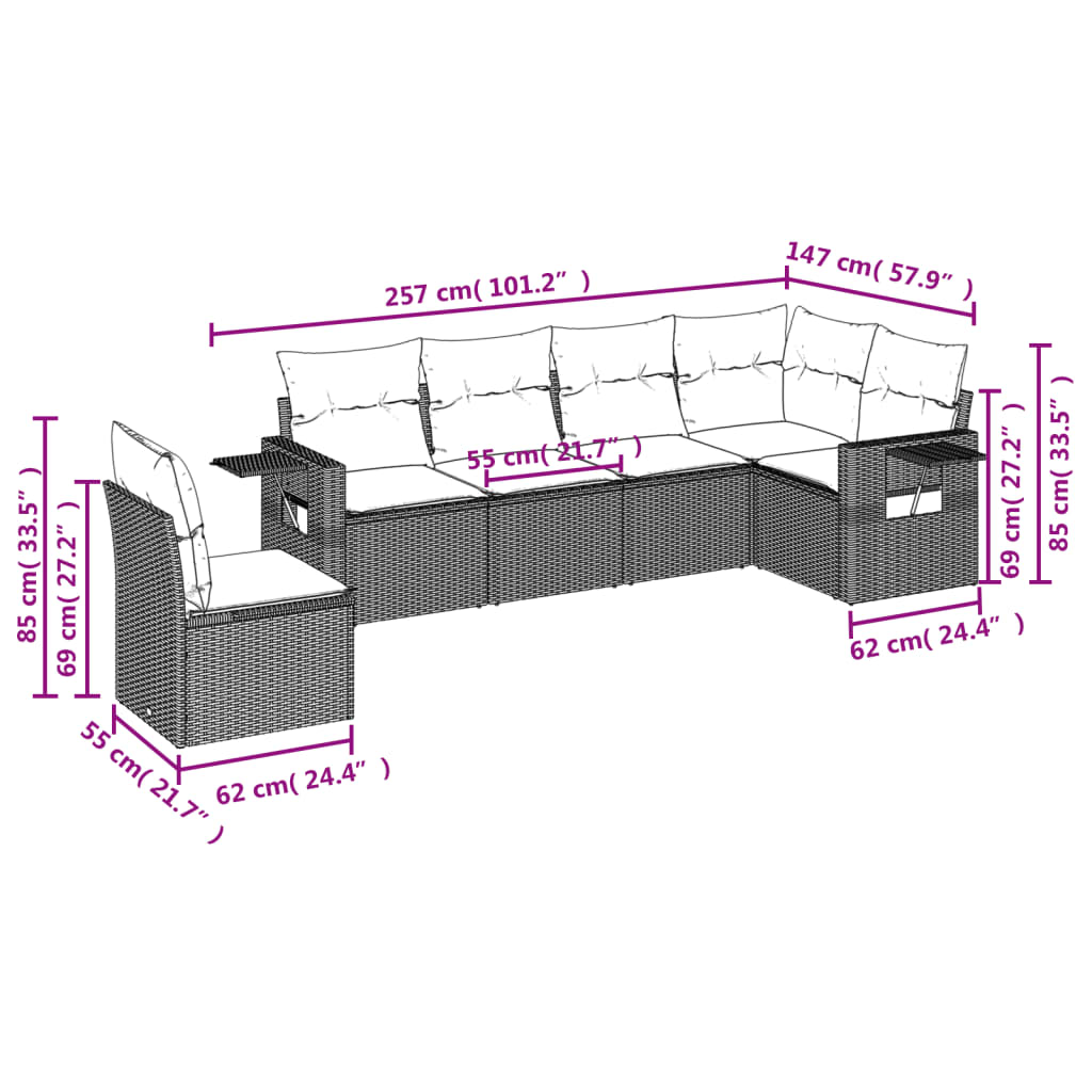 6-teiliges Gartensofa-Set mit Kissen, grau, Polyrattan