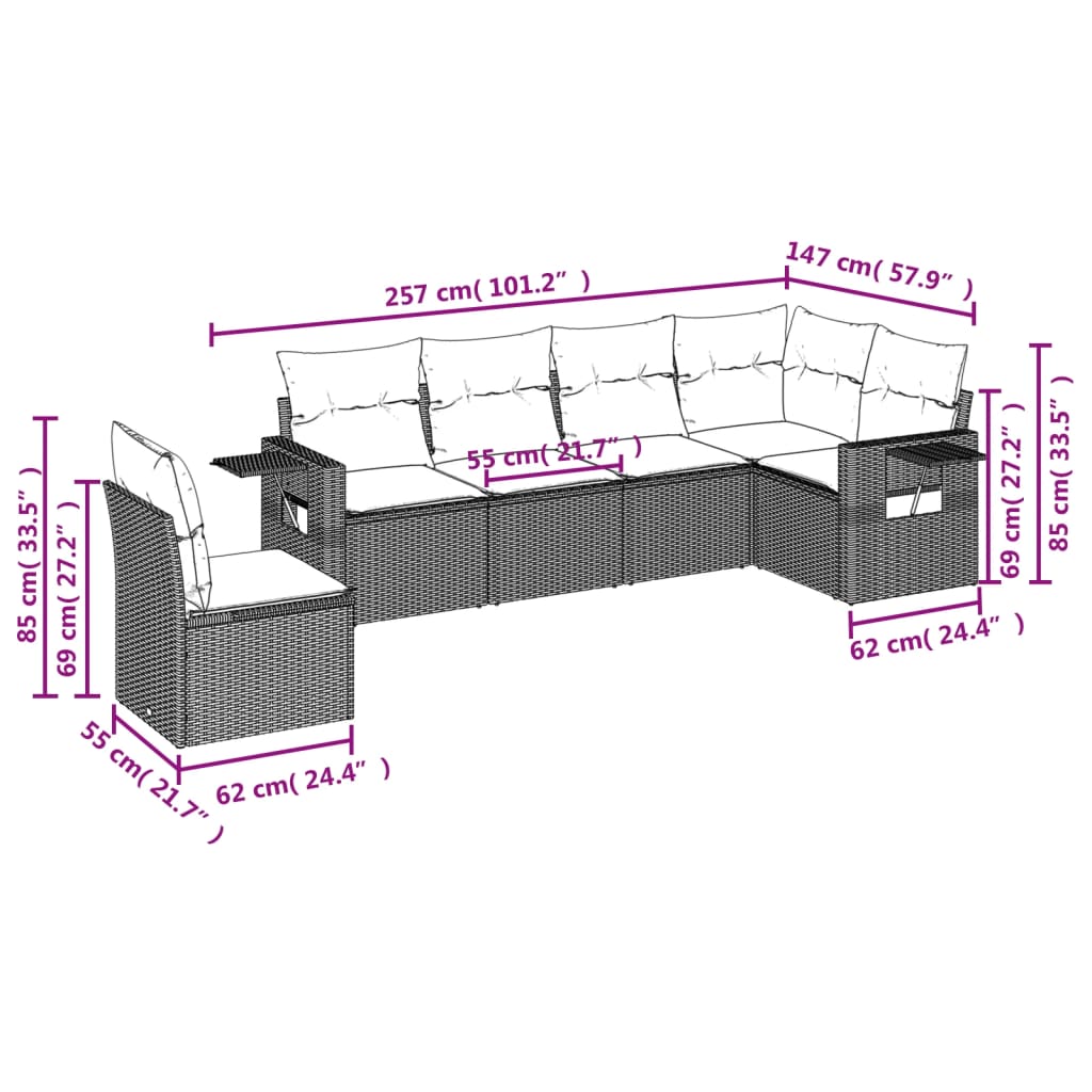 6-teiliges Gartensofa-Set mit Kissen, braun, Polyrattan