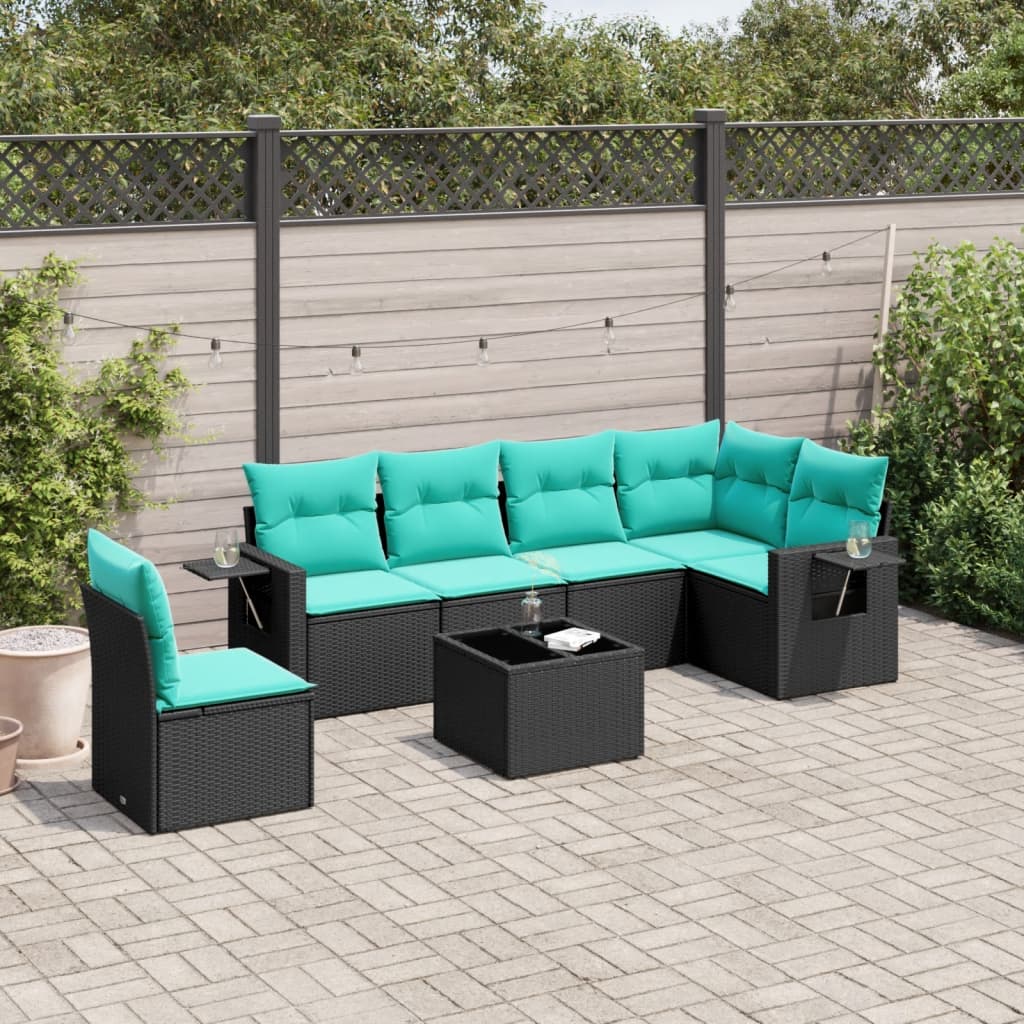 7-teiliges Gartensofa-Set mit Kissen, schwarzes Polyrattan