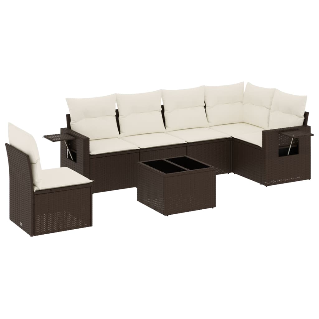 7-tlg. Garten-Sofagarnitur mit Kissen Braun Poly Rattan