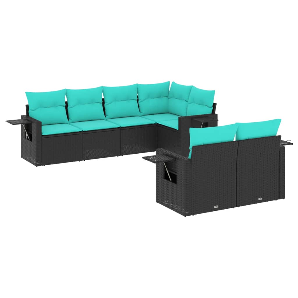 7-teiliges Gartensofa-Set mit Kissen, schwarzes Polyrattan