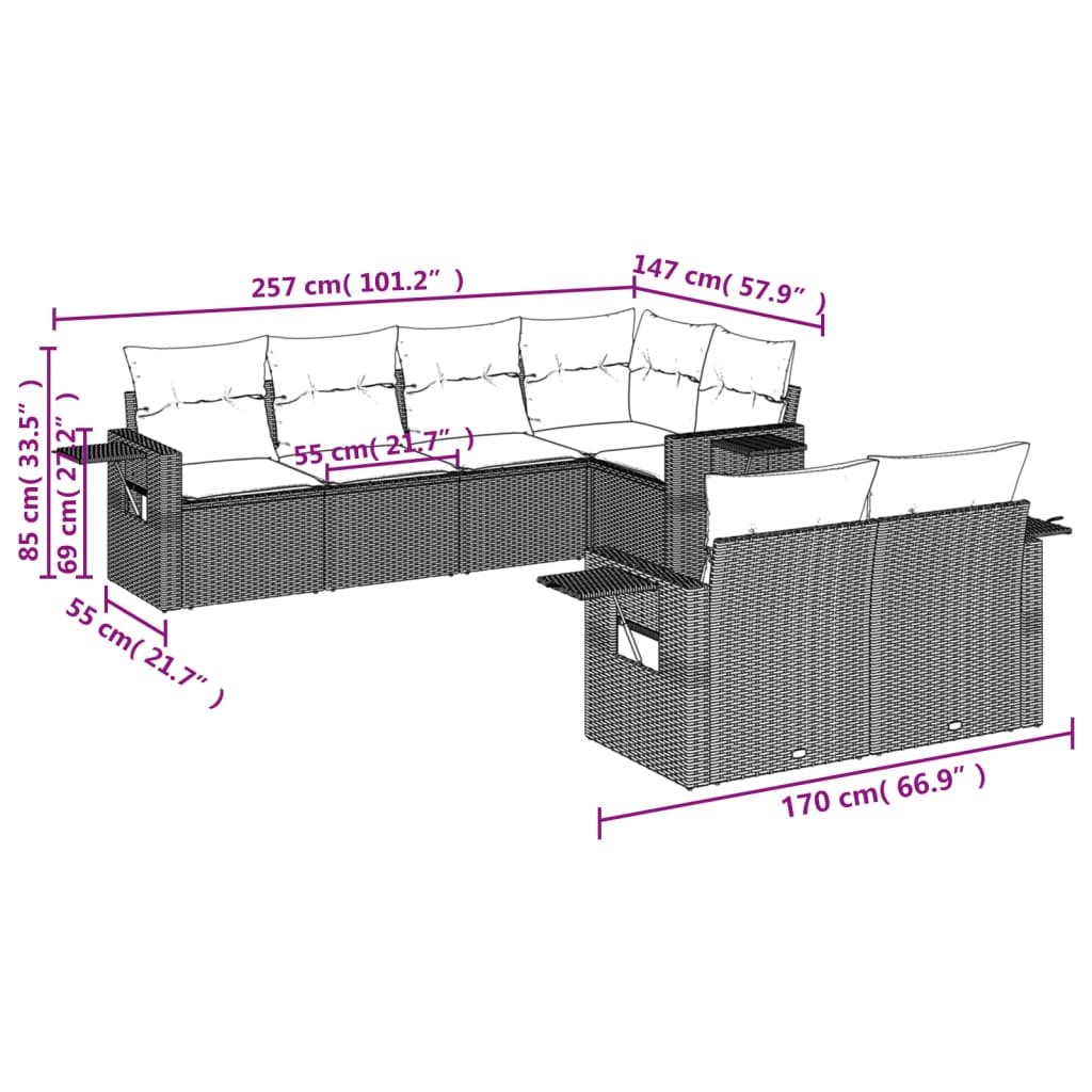 7-teiliges Gartensofa-Set mit Kissen, schwarzes Polyrattan