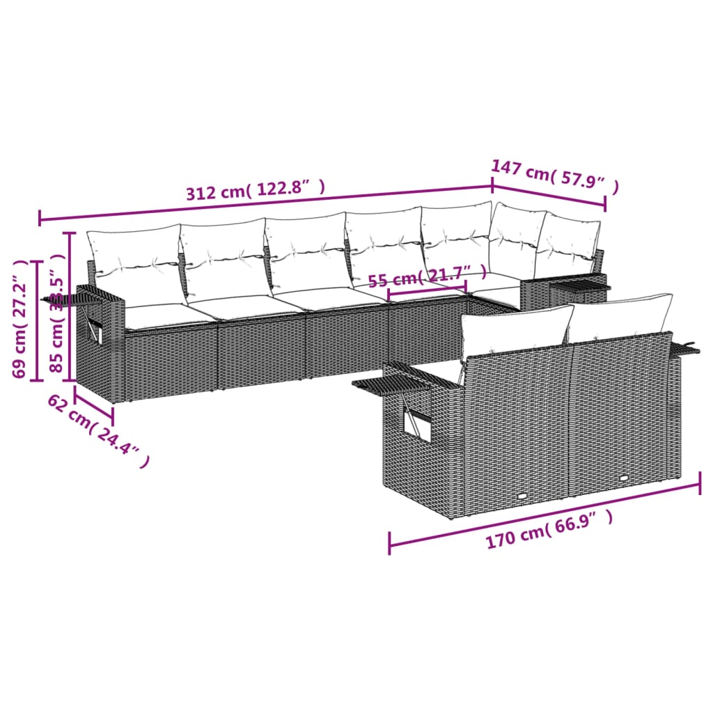 8-teiliges Gartensofa-Set mit Kissen, grau, Polyrattan