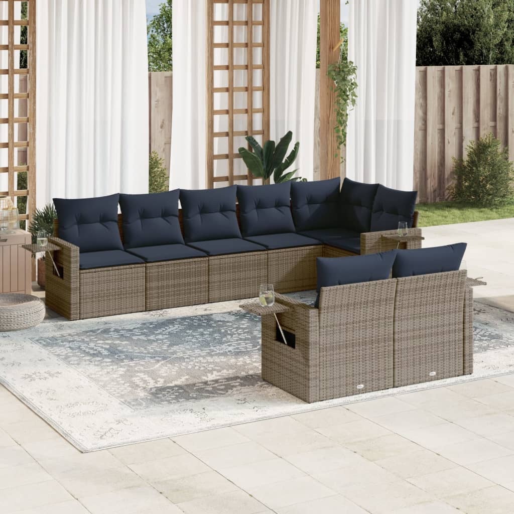 8-teiliges Gartensofa-Set mit Kissen, grau, Polyrattan