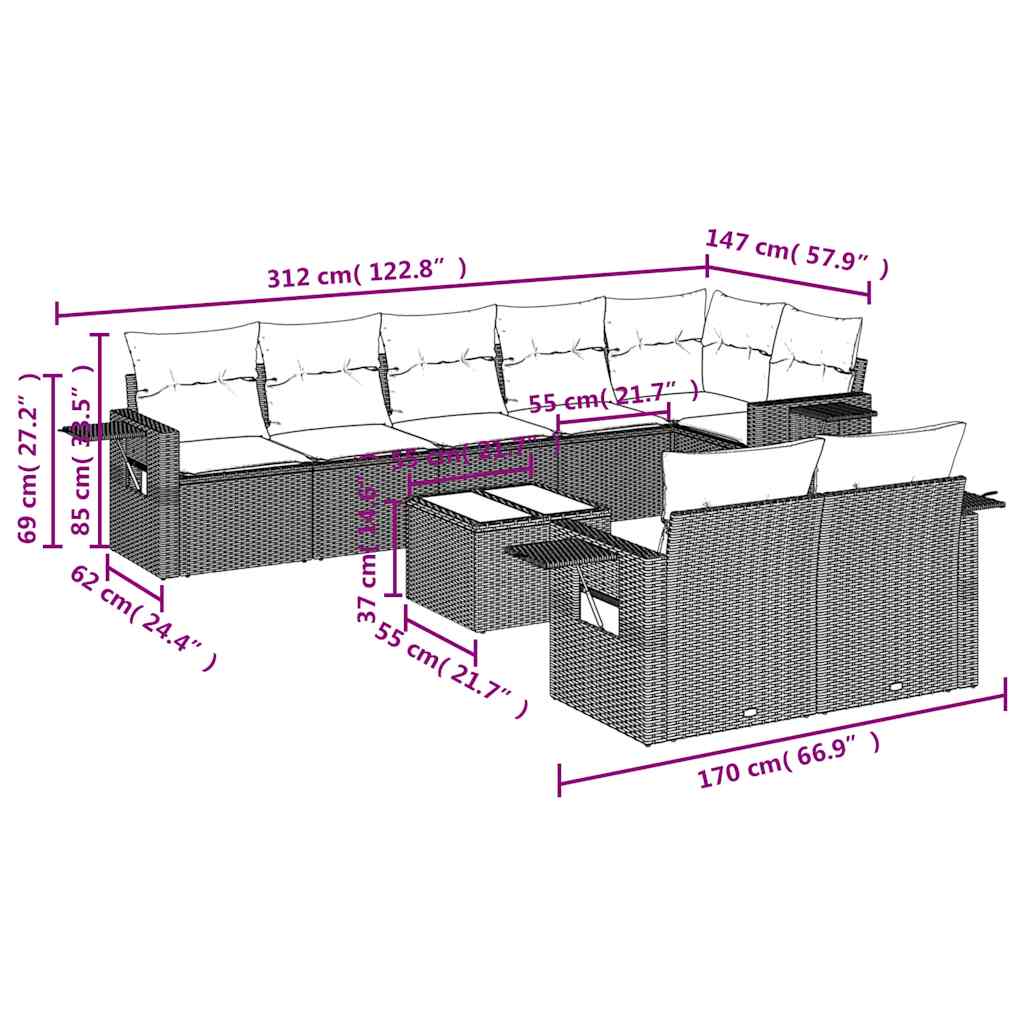 9-tlg. Garten-Sofagarnitur mit Kissen Schwarz Poly Rattan