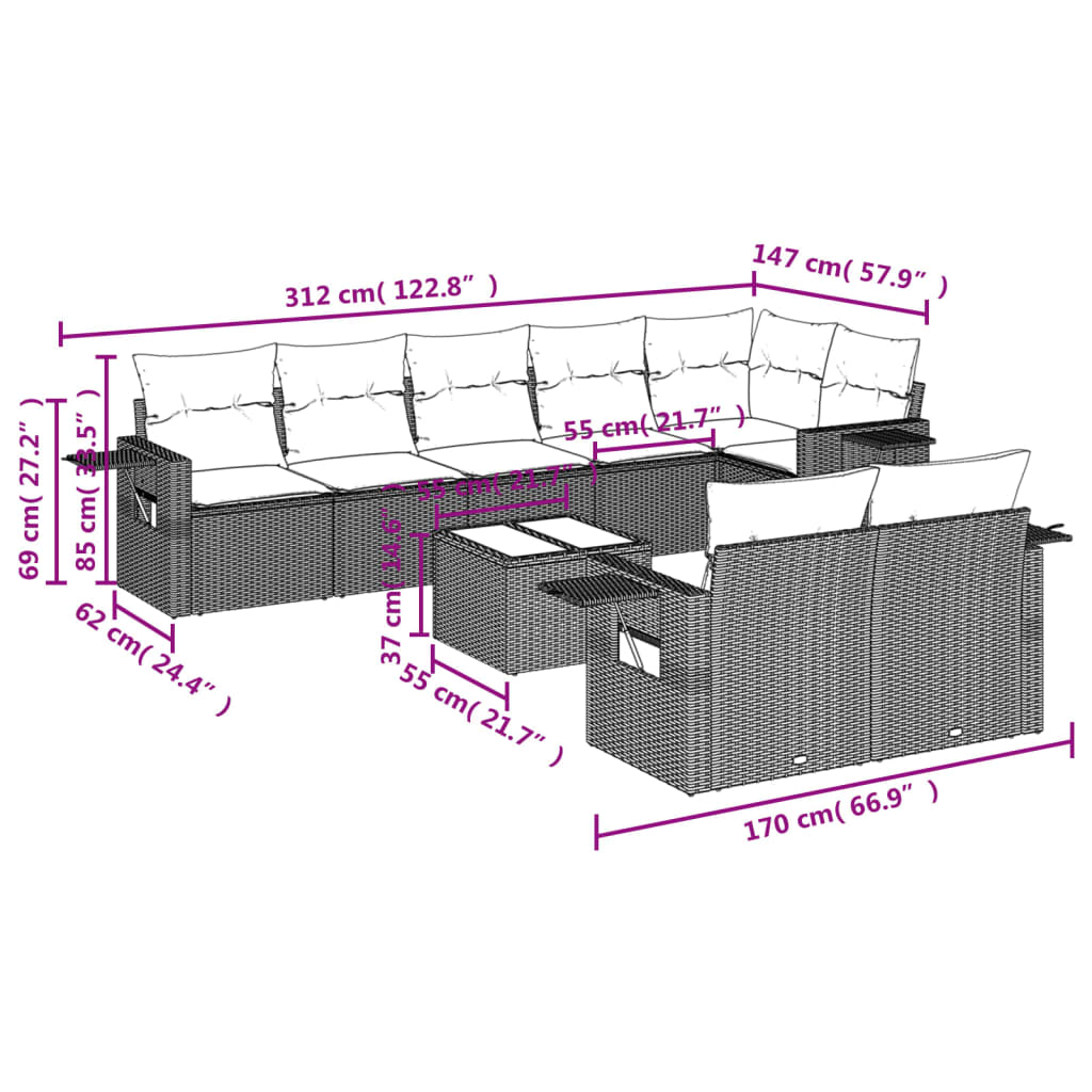 9-teiliges Gartensofa-Set mit Kissen, schwarzes Polyrattan