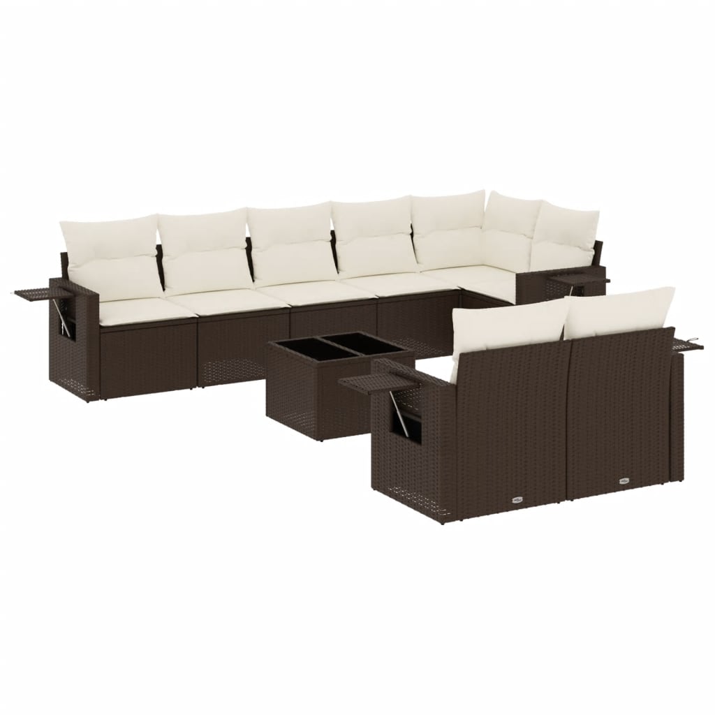 9-tlg. Garten-Sofagarnitur mit Kissen Braun Poly Rattan